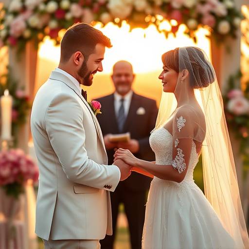 A bride and groom exchanging vows during their wedding ceremony.