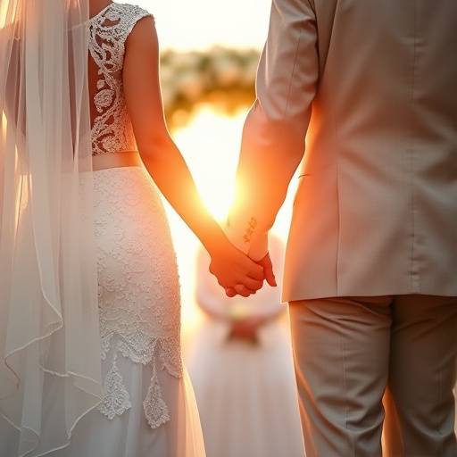 A bride and groom holding hands during their wedding ceremony.