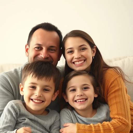 A family portrait of a mother, father, and two children smiling.