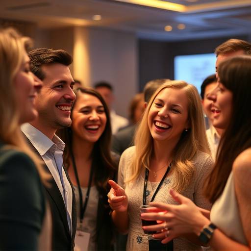 A group of people laughing at a corporate event.